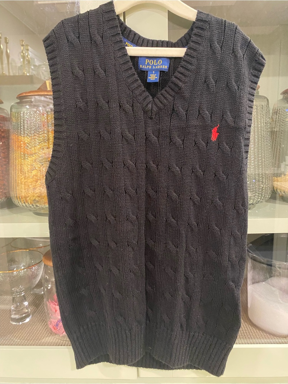 Ralph Lauren black Cable Knit V-Neck Sweater Vest with Red Pony